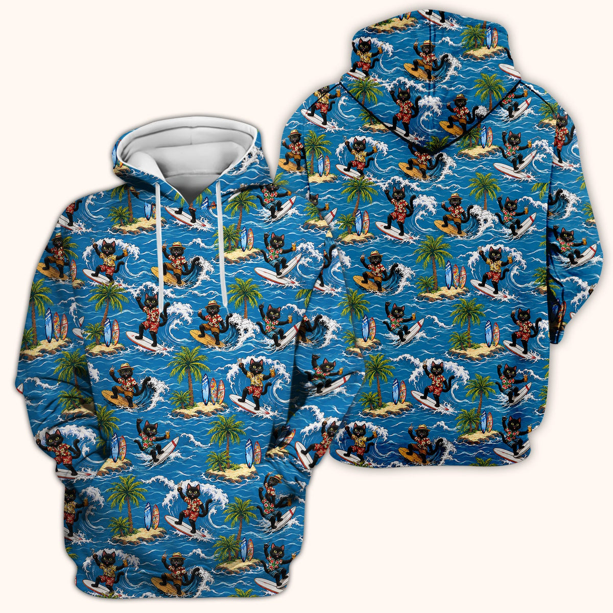 Tropical Black Cat Surfer Island Nurse Scrub Top