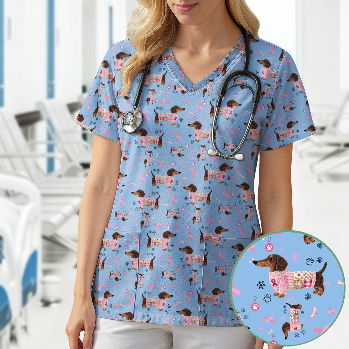Pink Ribbon Dachshund Nurse Scrub Top