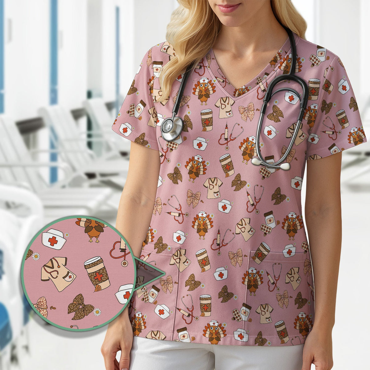 Cute Nurse Fall Season Scrub Top - Thanksgiving Turkey & Stethoscope Medical Design  - Gift for RN LPN CNA
