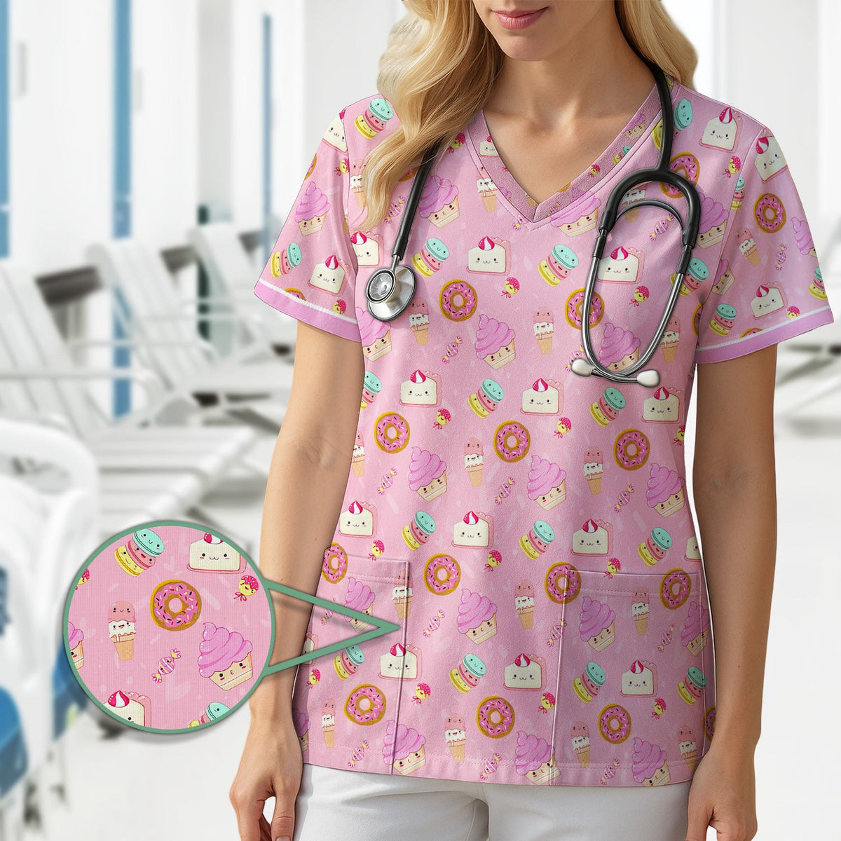Donut Ice Cream Nurse Scrub Top