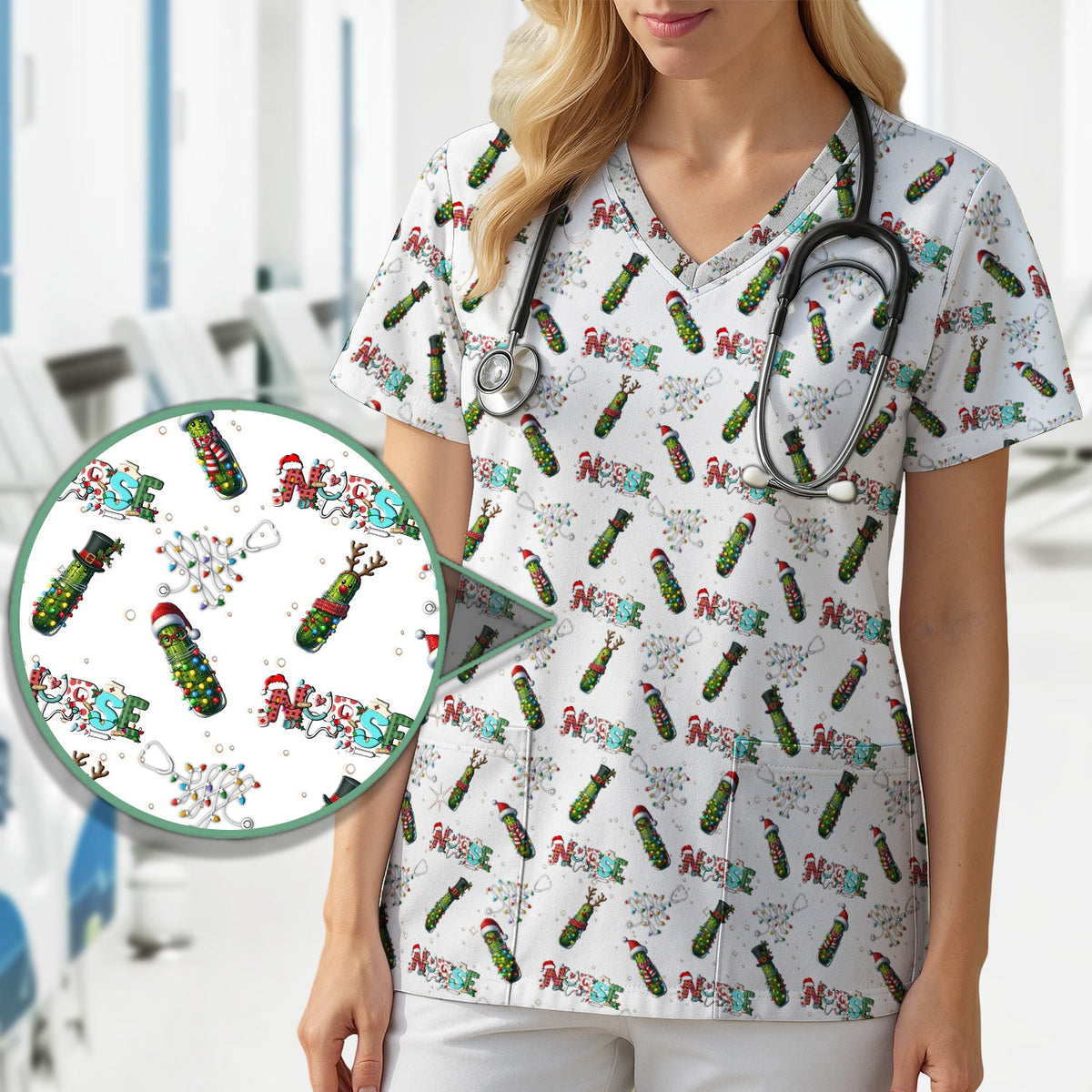 Christmas Pickle Nurse Scrub Top