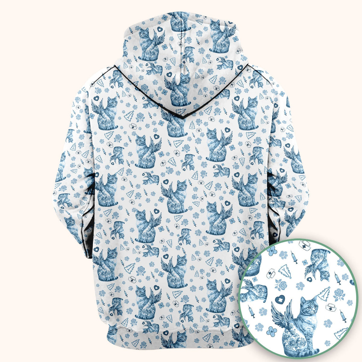 Toile de Jouy Cat Angel Scrub Top - Blue Vintage Nurse Shirt - French Style Medical Uniform for Women RN LPN CNA Gift