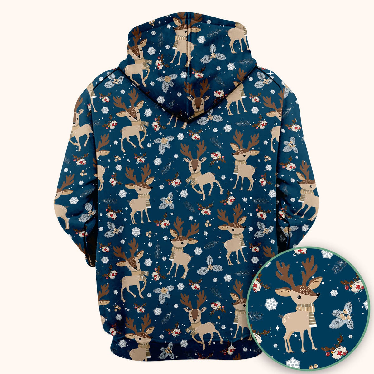 Reindeer Christmas Scrub Top - Cozy Beige Holiday Nurse Shirt with Cute Deer Pattern - Festive Medical Scrubs for Women RN CNA LPN