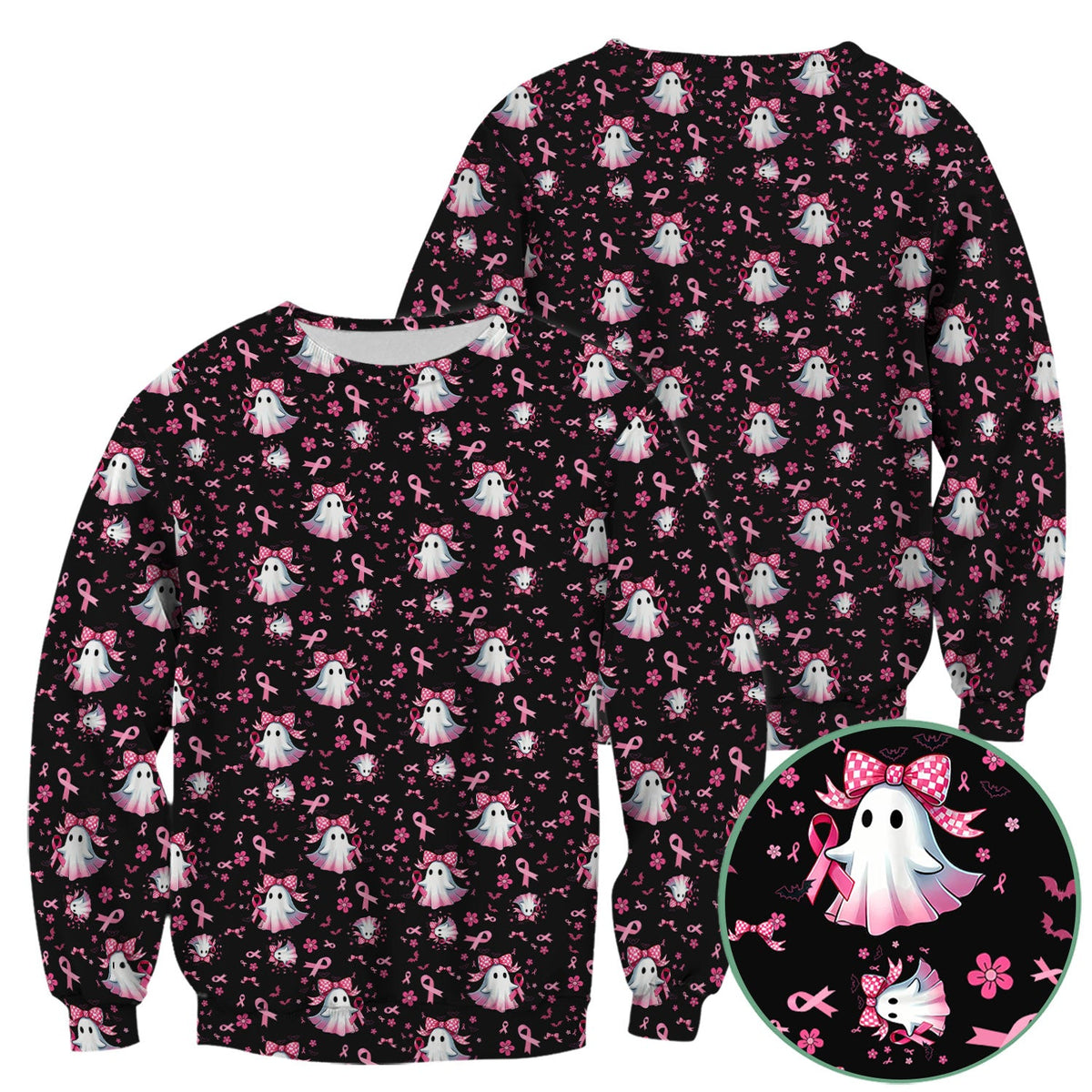 Spooky Ghost Pink Ribbon Nurse Scrub Top - Breast Cancer Gift