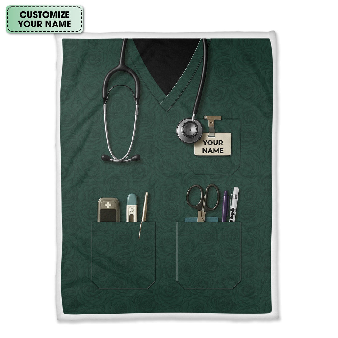 Personalized Green Scrub Pockets Nurse Blanket