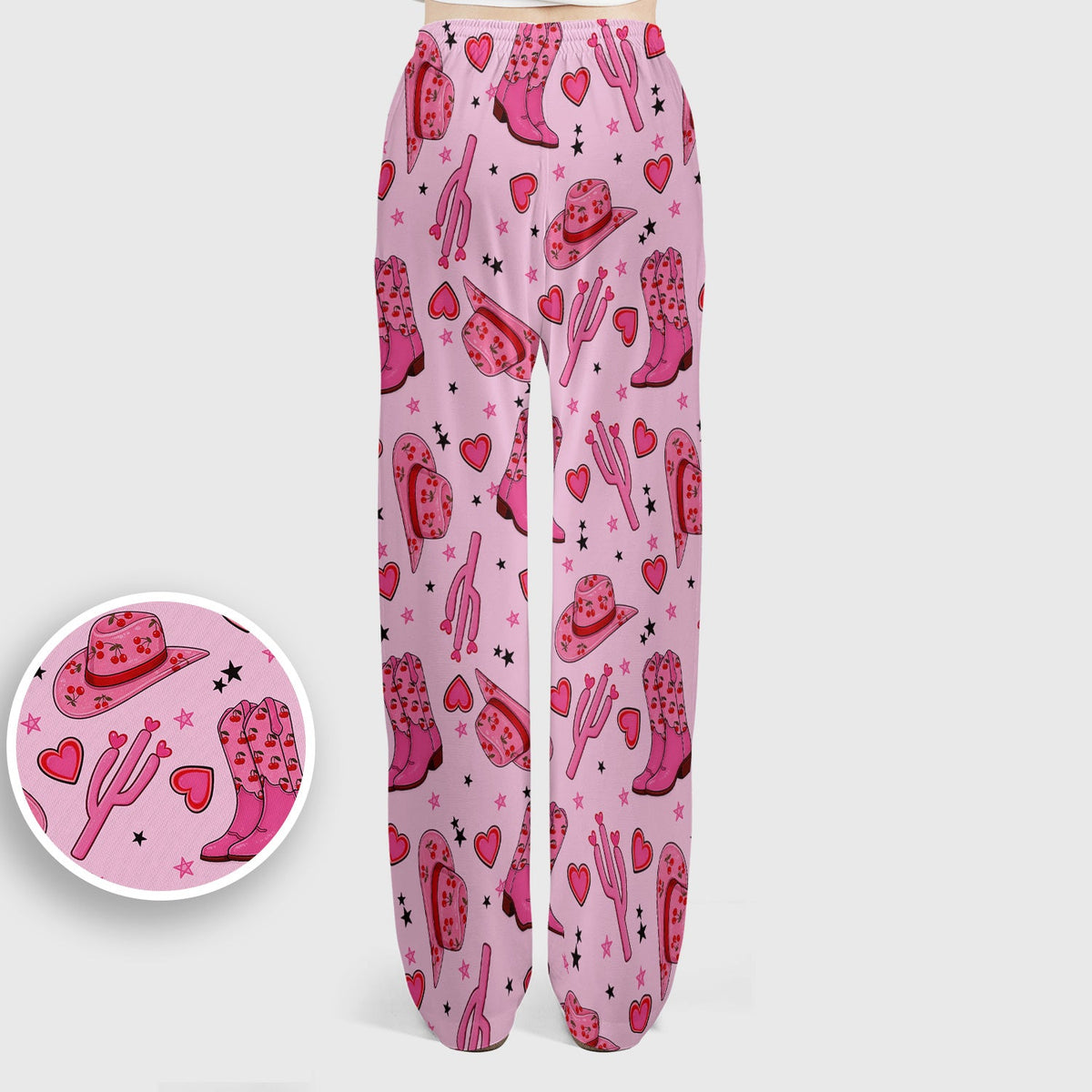 Pink Cowgirl Western Boots Hat Pattern Scrub Set, Scrub Pants and V Neck Top