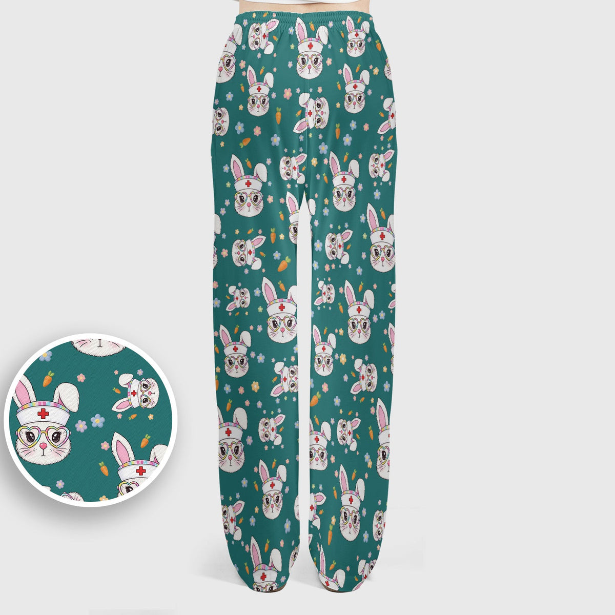 Cute Easter Bunny Nurse Pattern Scrub Set, Scrub Pants and V Neck Top