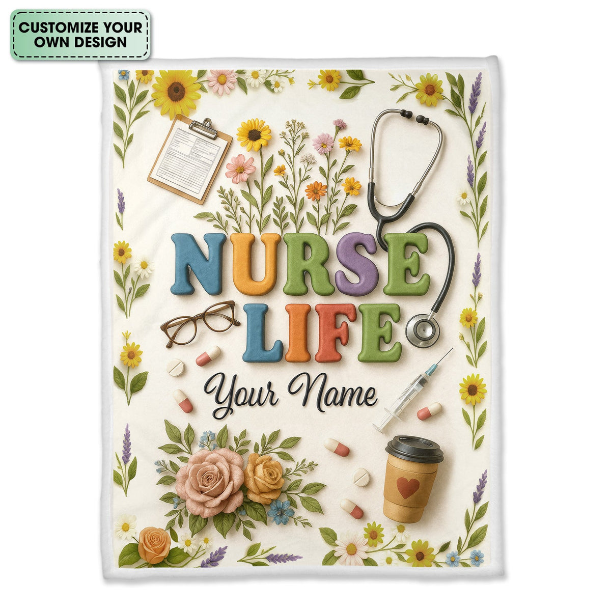 Personalized Stethoscope Pills Flowers Nurse Blanket