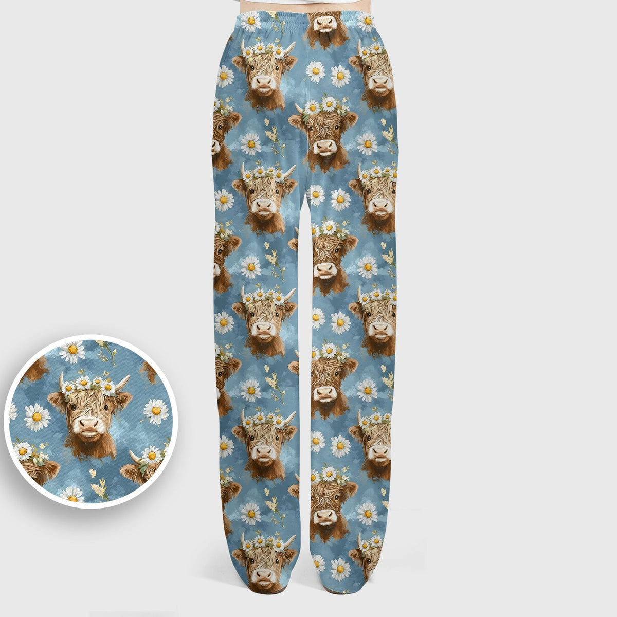 Highland Cow Daisy Flower Pattern Scrub Set, Scrub Pants and V Neck Top