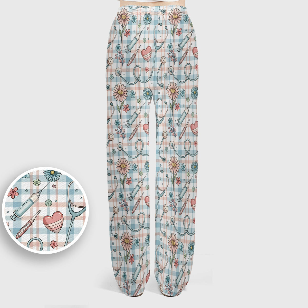 Stethoscope Heart Syringe Floral Plaid Nurse Scrub Set