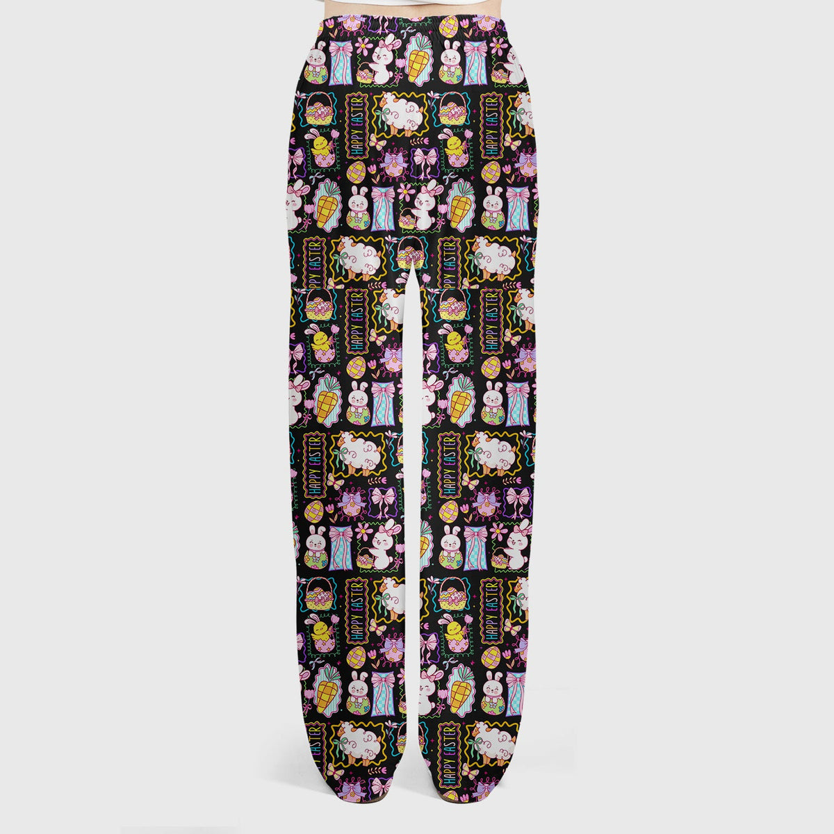 Cute Easter Bunny Egg and Bow Print Scrub Set, Scrub Pants and V Neck Top