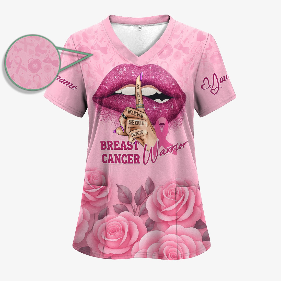 Personalized Pink Ribbon Rose Nurse Scrub Top