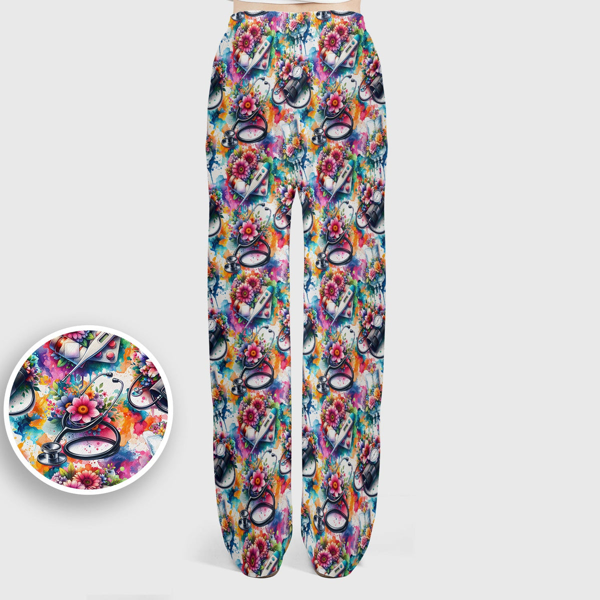 Colorful Medical Tools Floral Nurse Scrub Set
