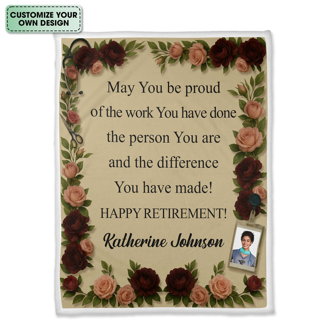 Personalized Retirement Floral Border Photo Nurse Blanket