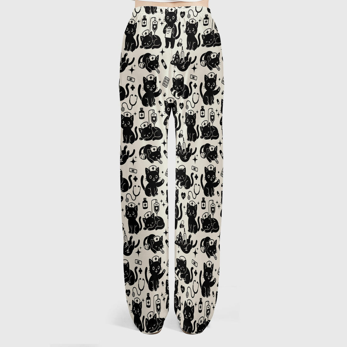 Cute White Black Cat Nurse Scrub Set