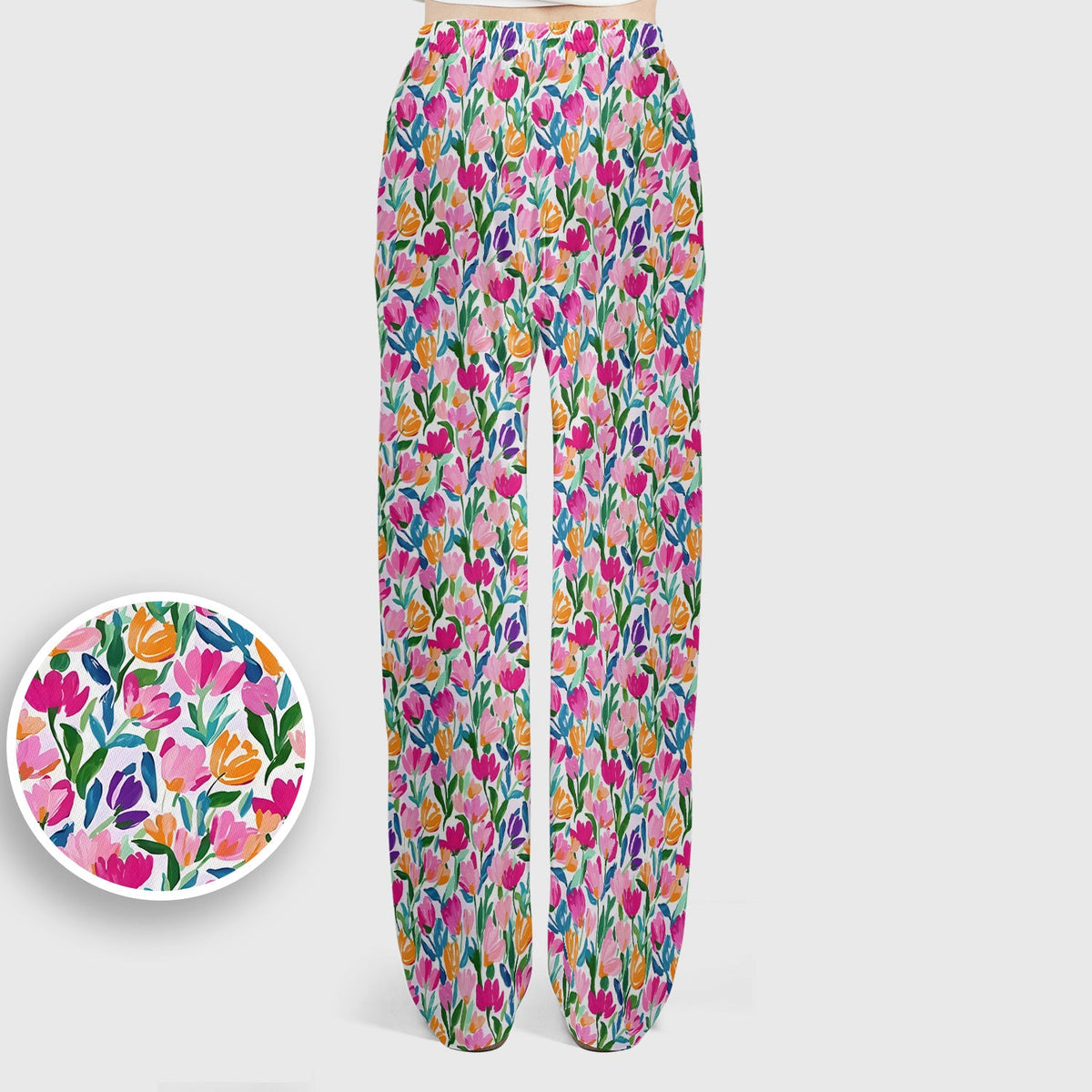 Vibrant Tulip Meadow Pattern Scrub Set, Scrub Pants and V Neck Top