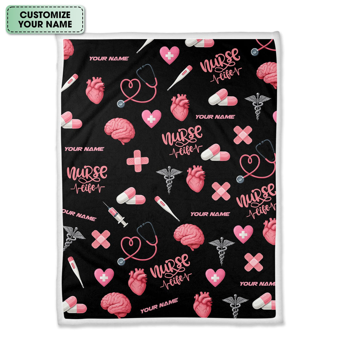Personalized Pink Heart Brain Pill Nurse Blanket