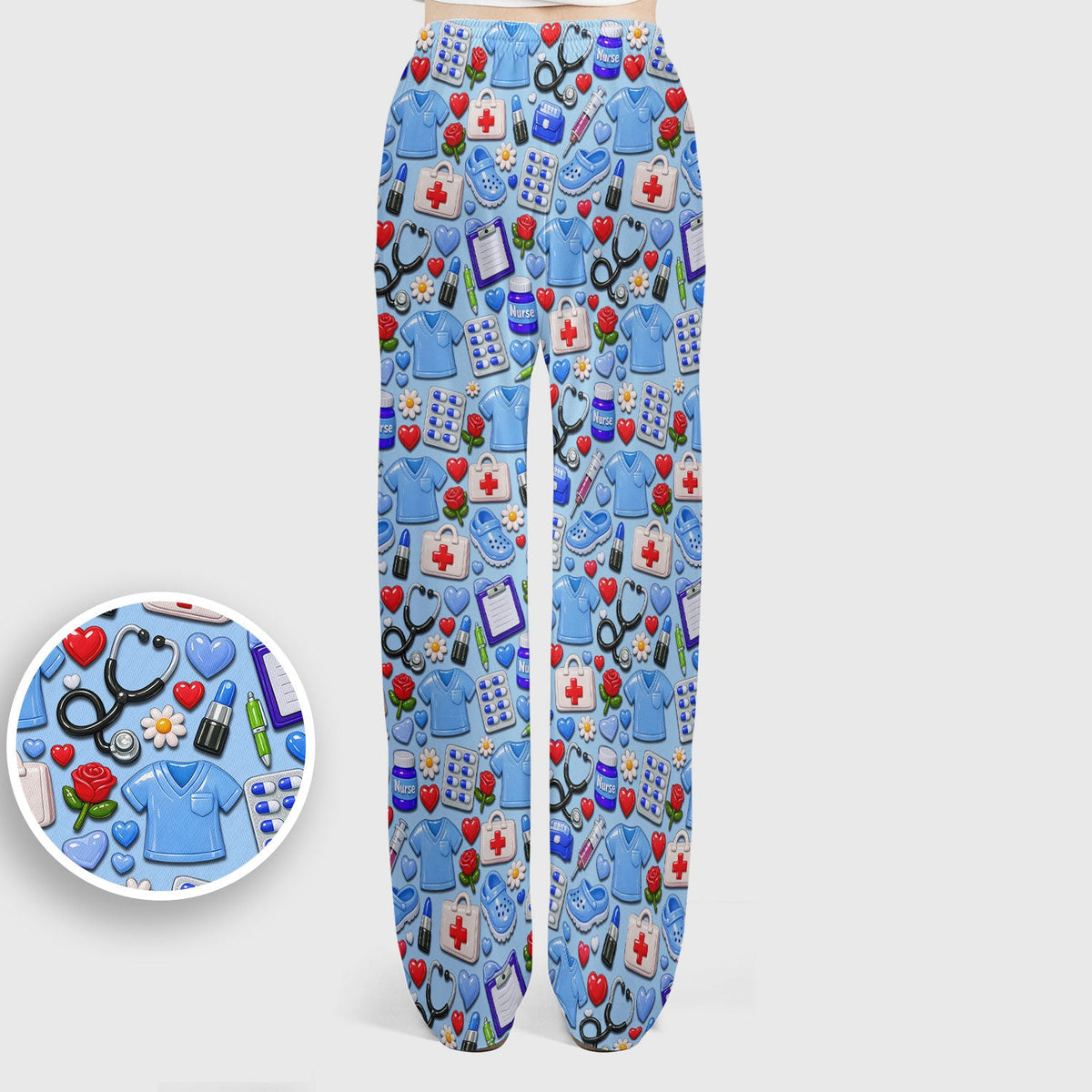Medical Icons Scrub Set, Cute Pattern Nurse Shirt, Breathable Fabrics Nursing Uniform