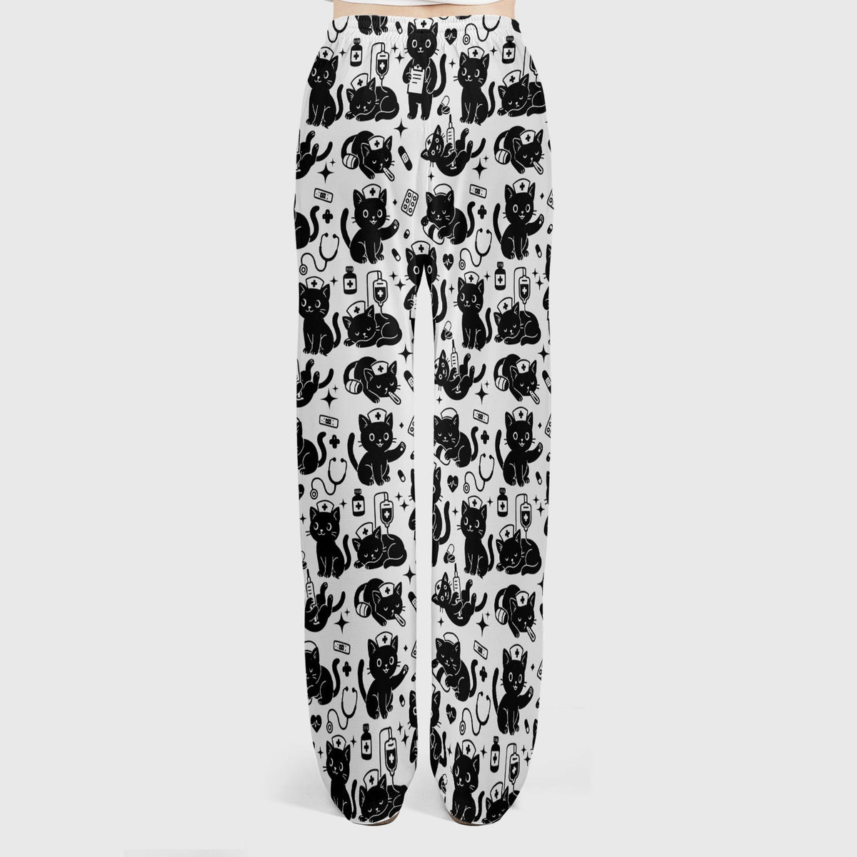Cute White Black Cat Nurse Scrub Set