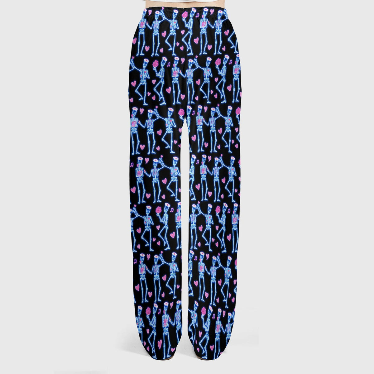 Skeleton Nurse Heart Pattern Scrub Sets, Playful Nurse Style, Scrub Pants and V Neck Top