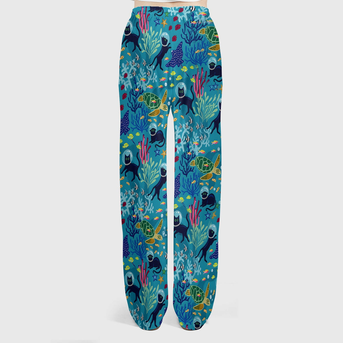 Underwater Cat Turtle Veterinary Pattern Scrub Set, Scrub Pants and V Neck Top