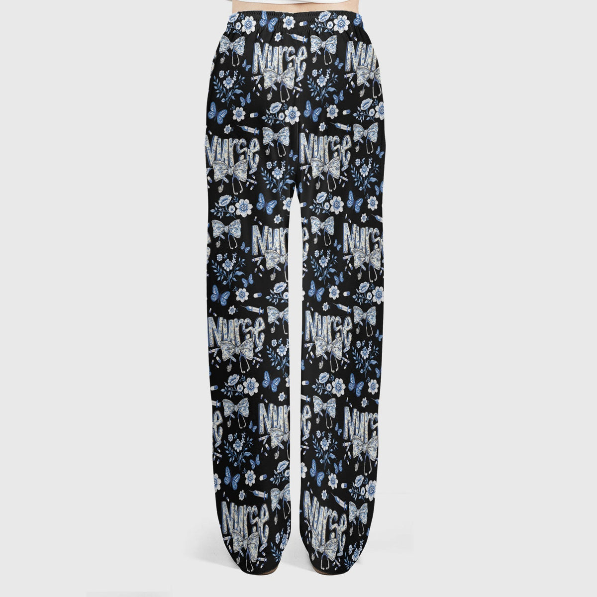 Blue Nurse Bow Butterfly Floral Scrub Set