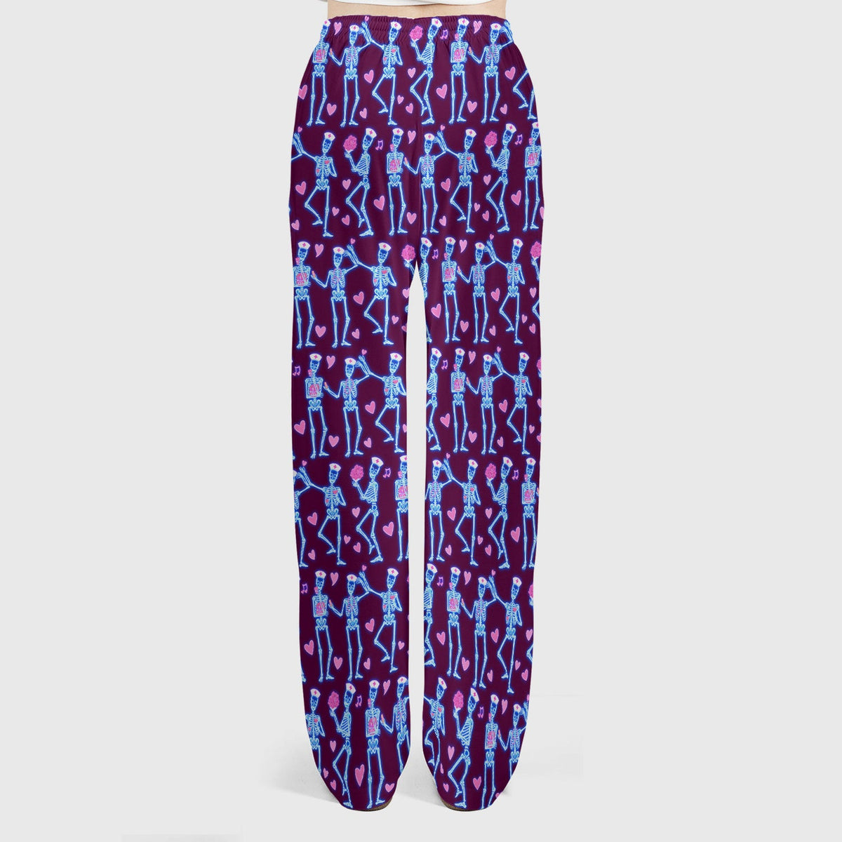 Skeleton Nurse Heart Pattern Scrub Sets, Playful Nurse Style, Scrub Pants and V Neck Top