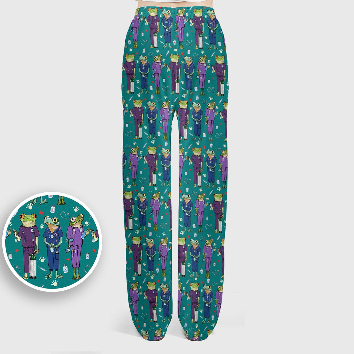 Funny Frog Nurse Pattern Scrub Set, Scrub Pants and V Neck Top