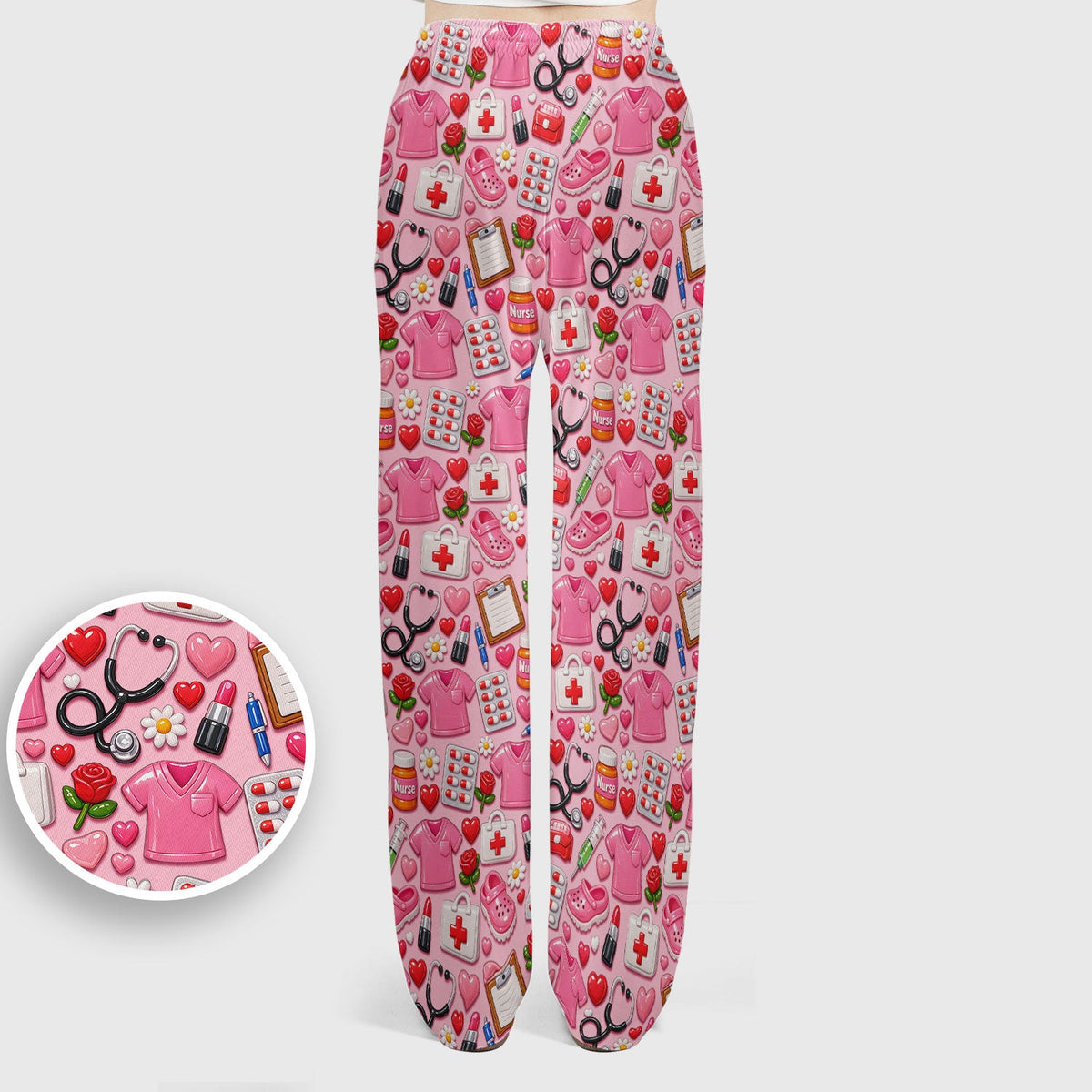 Medical Icons Scrub Set, Cute Pattern Nurse Shirt, Breathable Fabrics Nursing Uniform