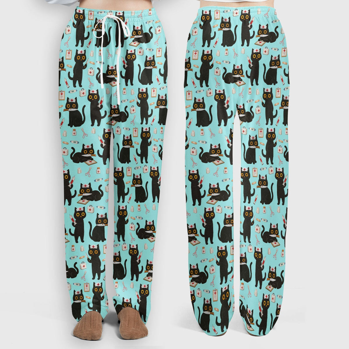 Cute Teal Black Cat Nurse Scrub Set