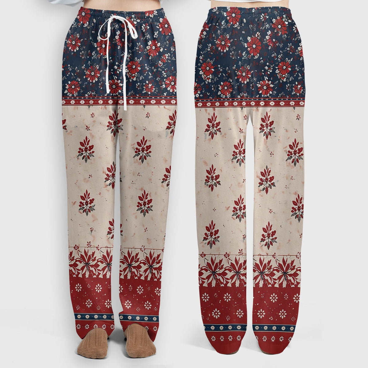 Vintage Floral Border Red Blue Nurse Scrub Set