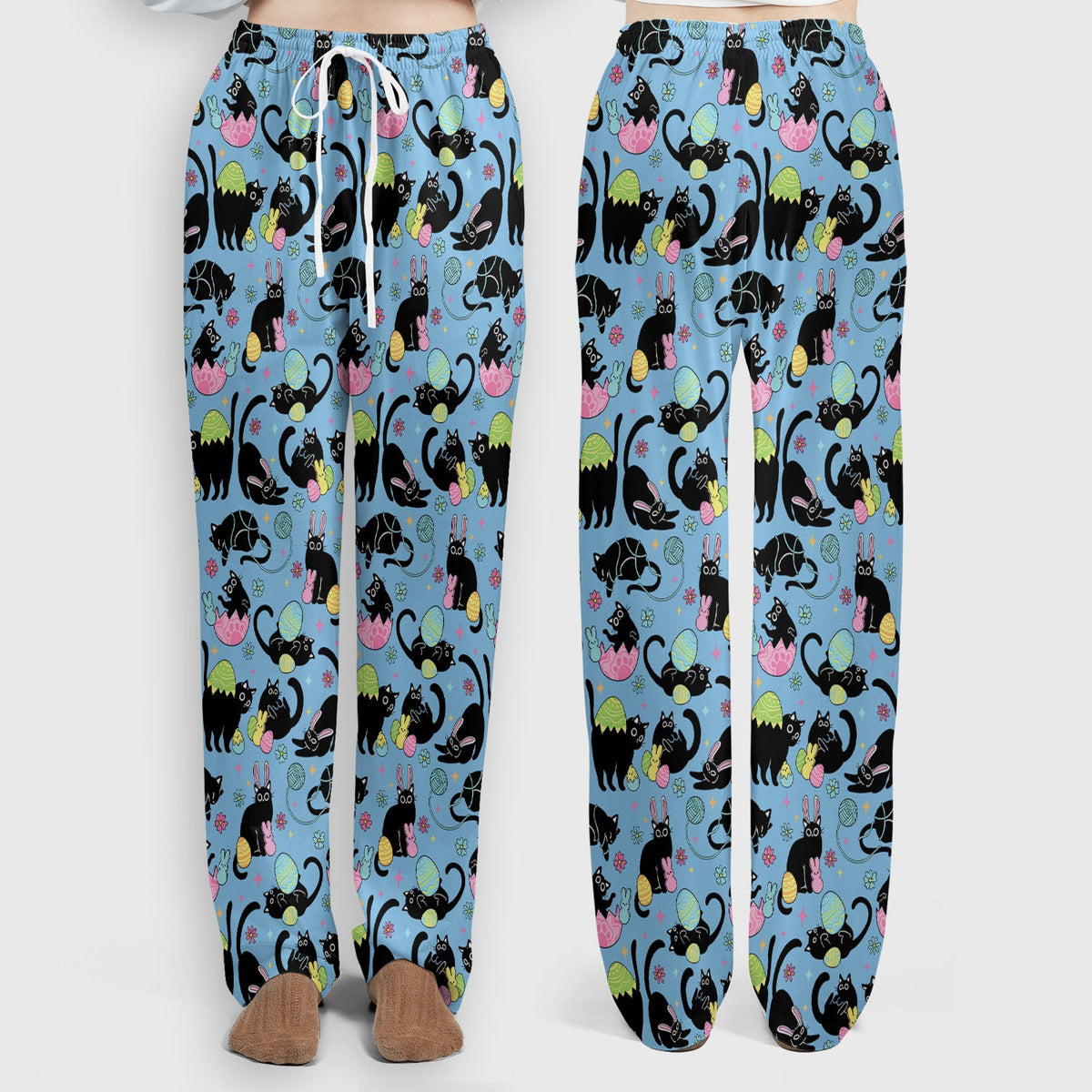 Funny Easter Black Cat Egg Pattern Scrub Set, Scrub Pants and V Neck Top