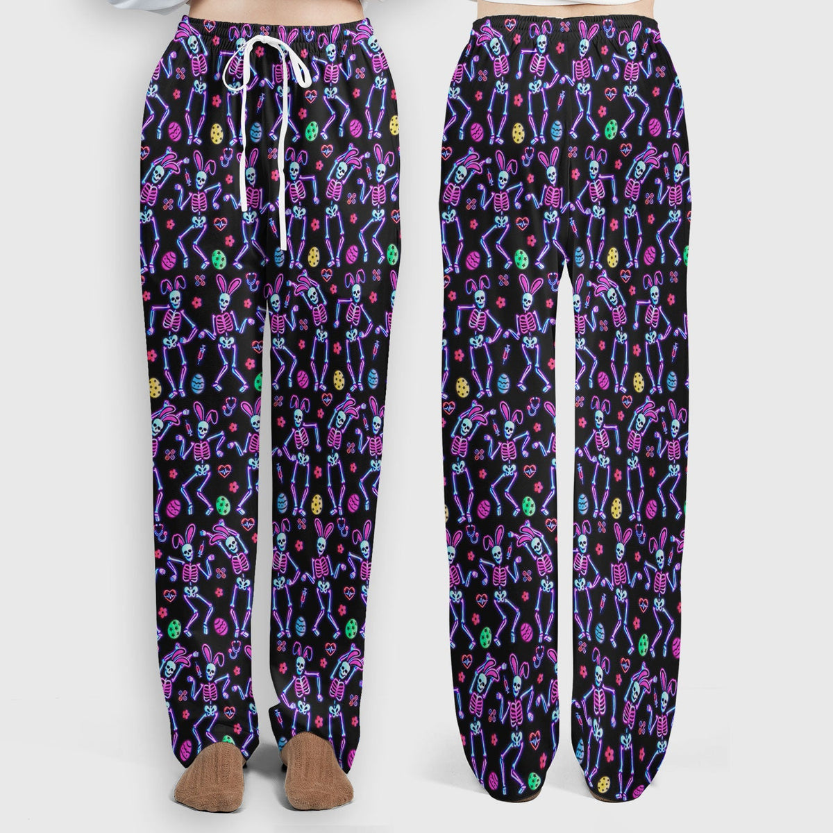 Neon Easter Skeleton Print Scrub Set, Scrub Pants and V Neck Top
