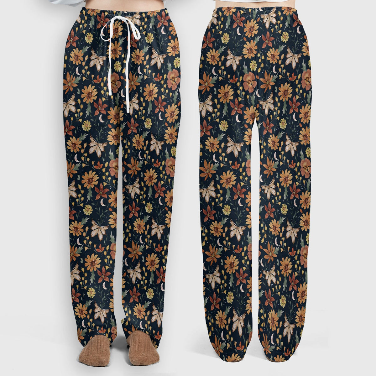 Charming Autumn Floral Butterfly Moon Pattern Scrub Set, Scrub Pants and V Neck Top