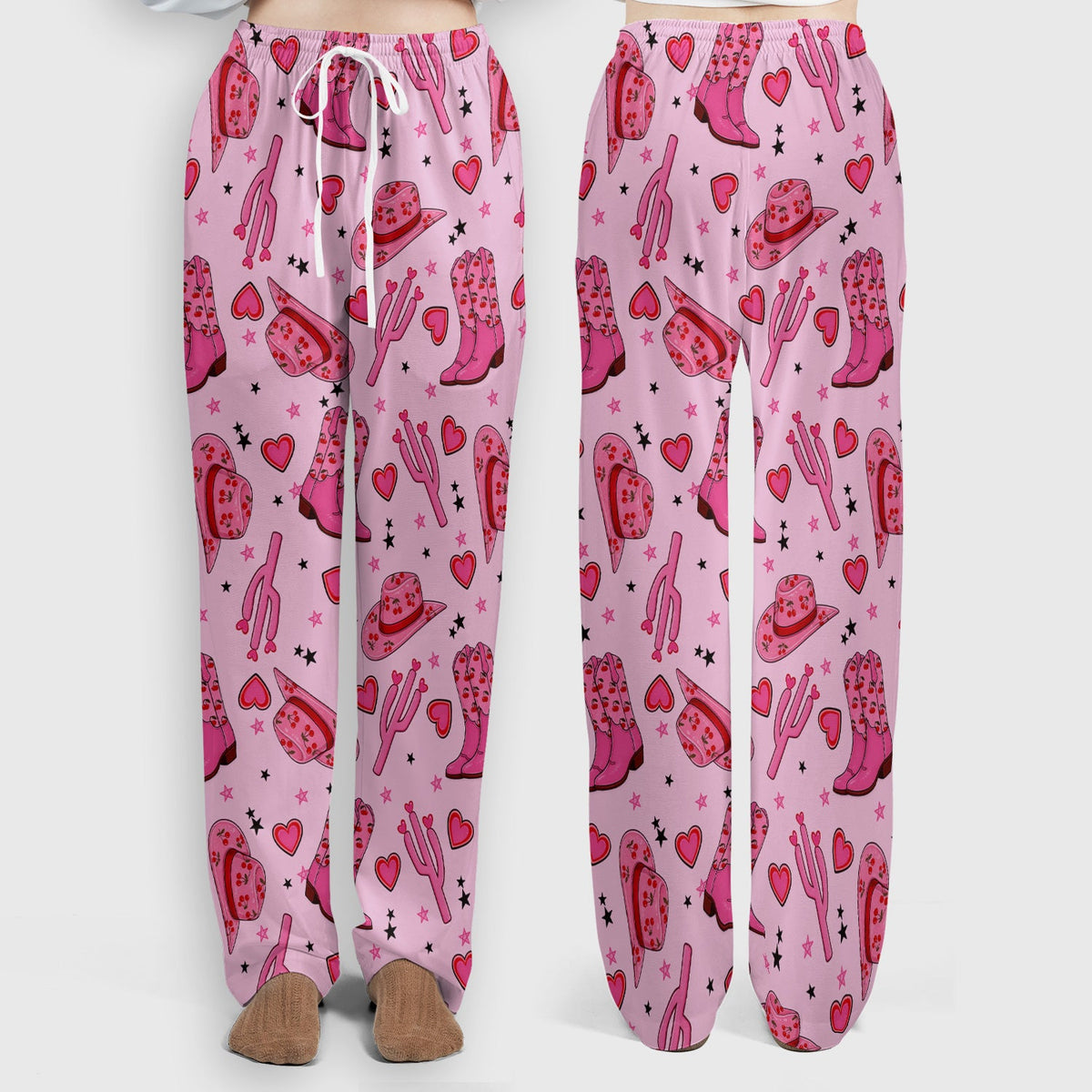 Pink Cowgirl Western Boots Hat Pattern Scrub Set, Scrub Pants and V Neck Top