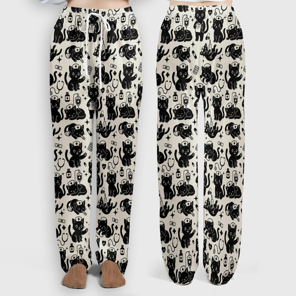 Cute White Black Cat Nurse Scrub Set