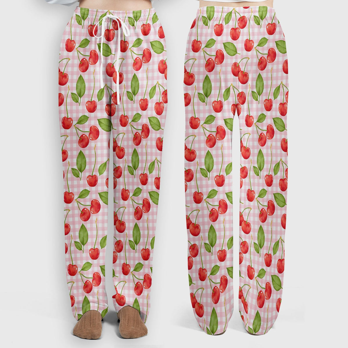 Sweet Red Cherry Gingham Pattern Scrub Set, Scrub Pants and V Neck Top