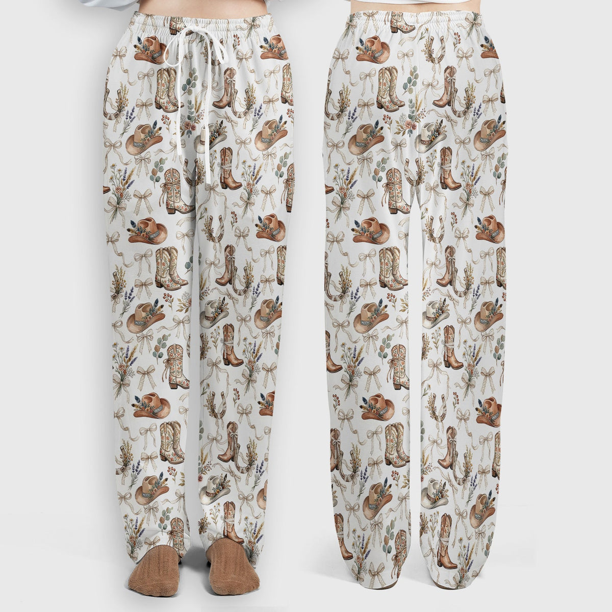 Western Cowboy Boots Hat Floral Pattern Scrub Set, Scrub Pants and V Neck Top