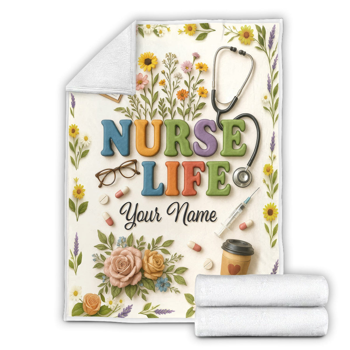 Personalized Stethoscope Pills Flowers Nurse Blanket