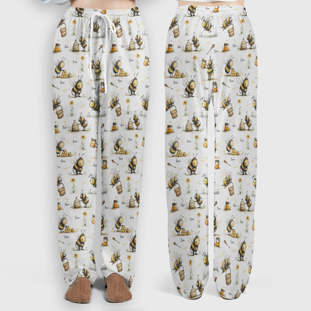 Cute Honey Bee Jar Garden Pattern Scrub Set, Scrub Pants and V Neck Top