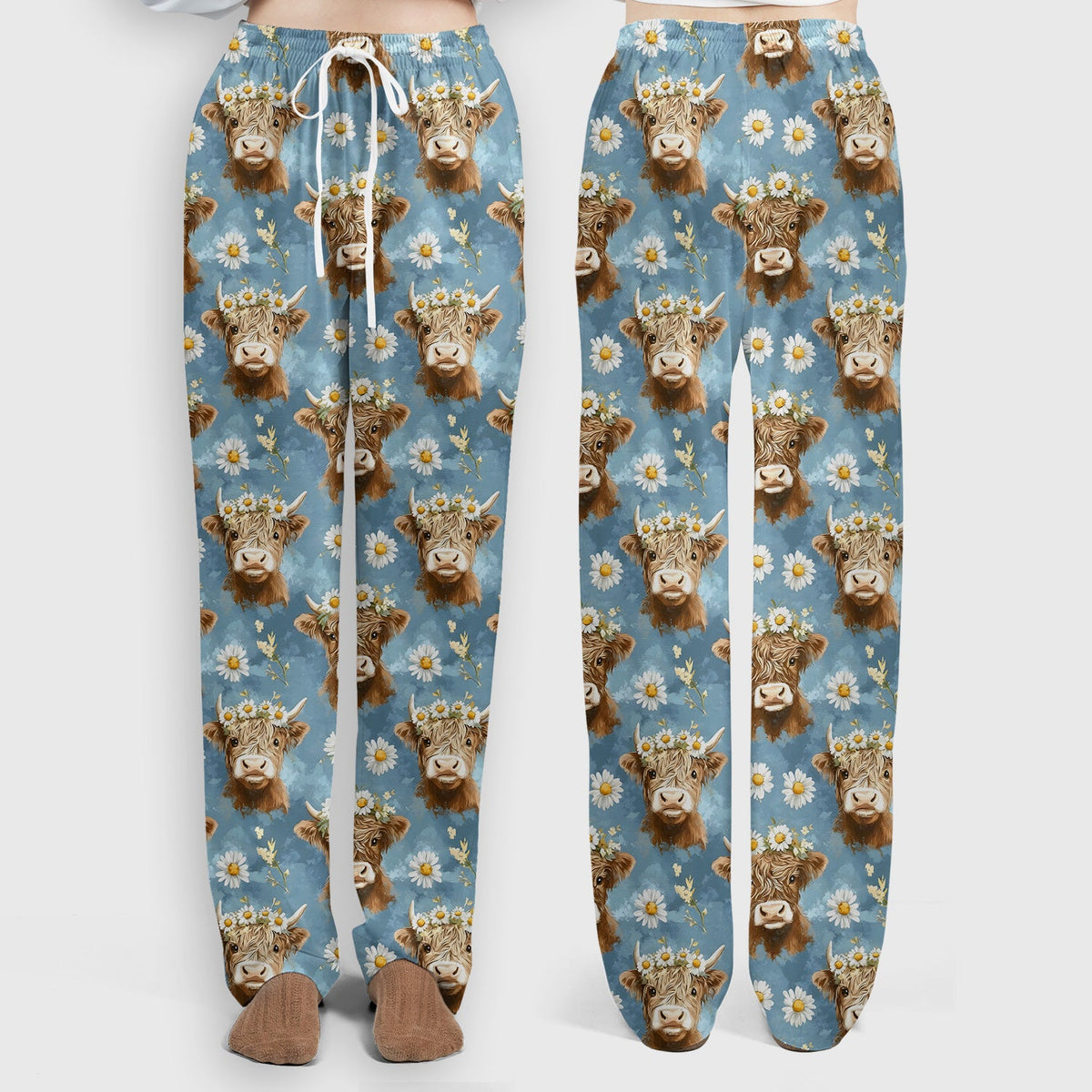 Highland Cow Daisy Flower Pattern Scrub Set, Scrub Pants and V Neck Top