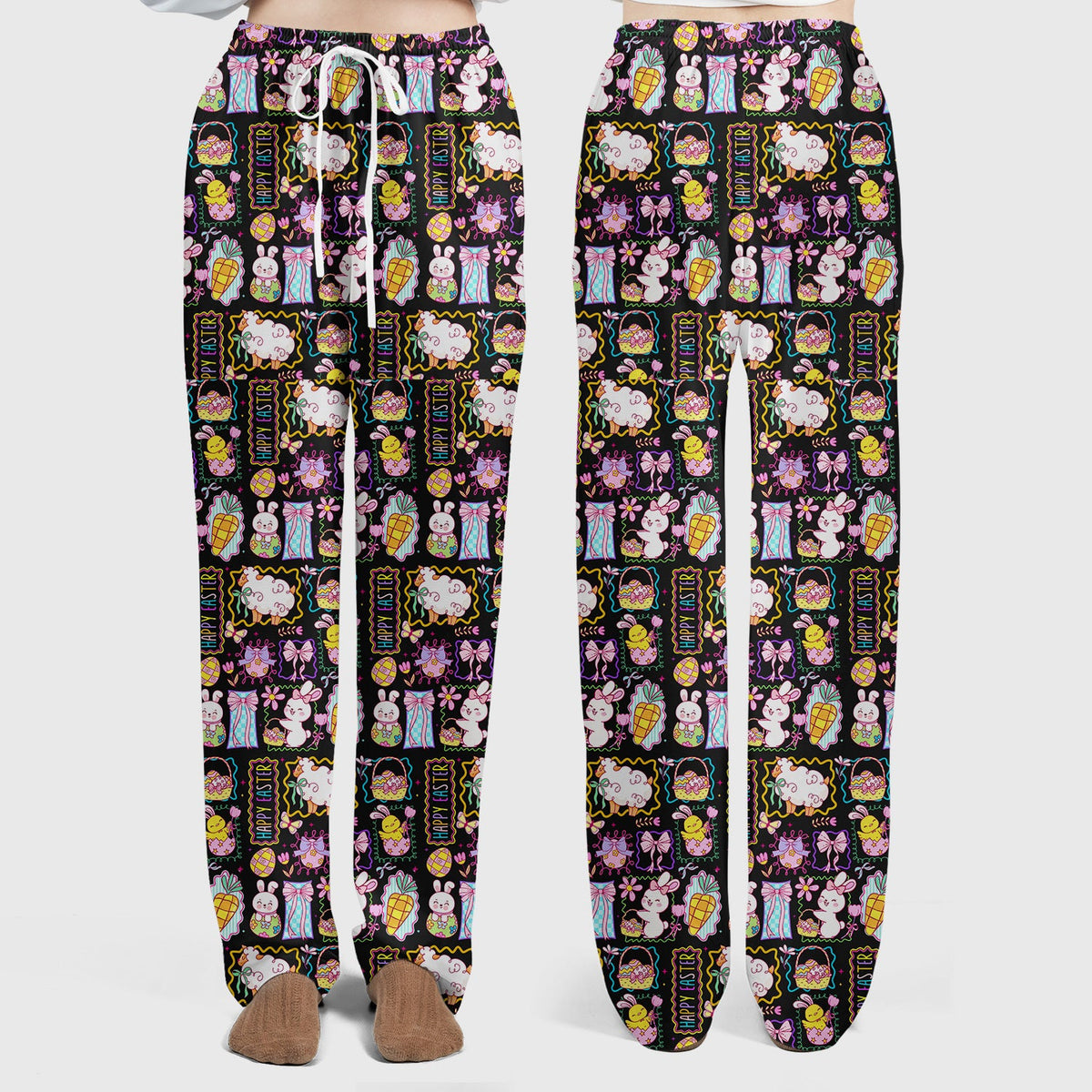 Cute Easter Bunny Egg and Bow Print Scrub Set, Scrub Pants and V Neck Top