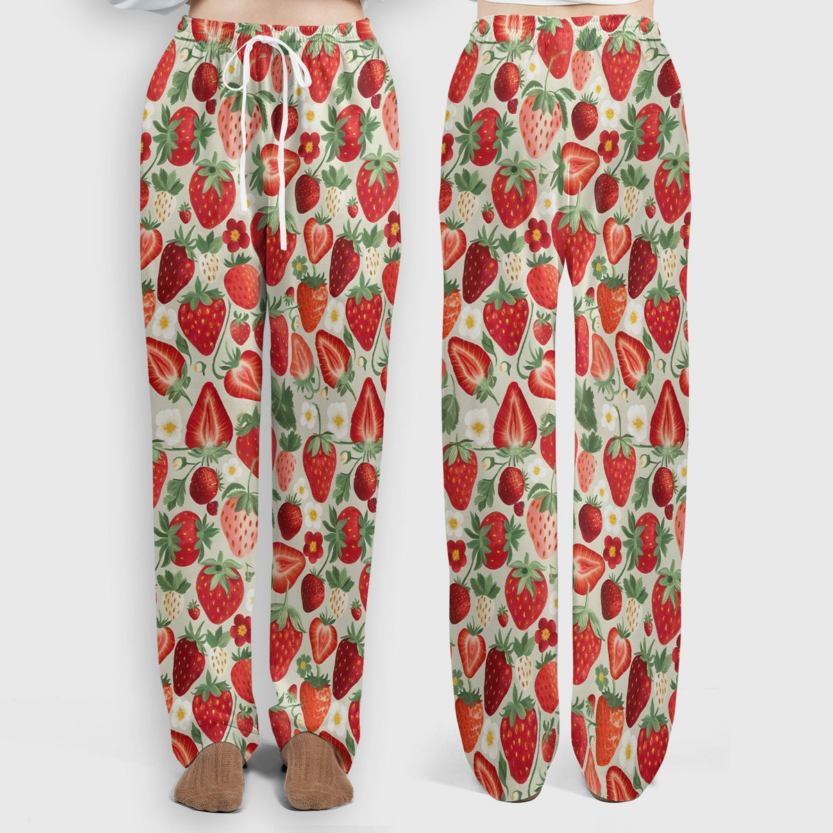 Fresh Strawberry Patter Leaves Scrub Sets, Scrub Pants and V Neck Top