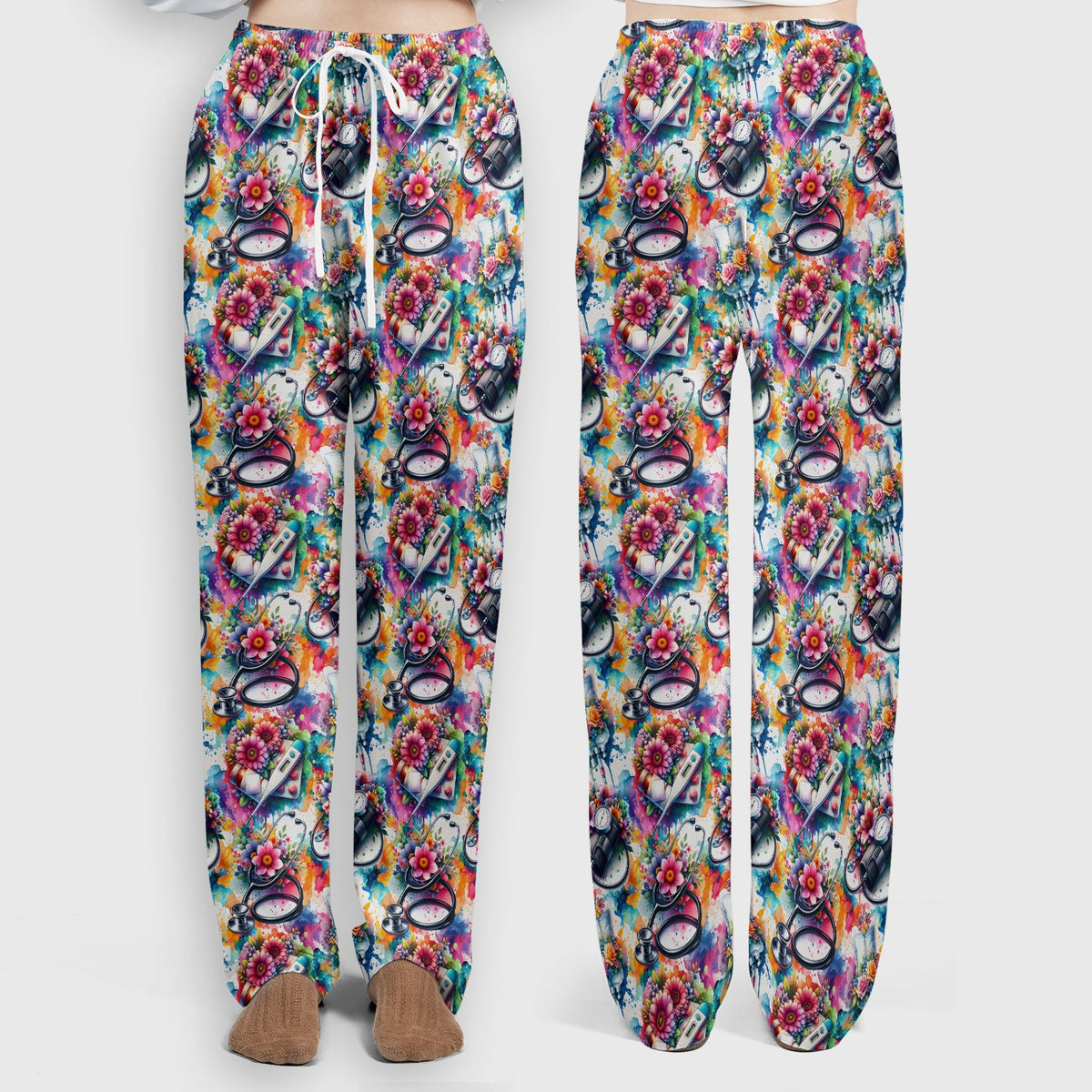 Colorful Medical Tools Floral Nurse Scrub Set