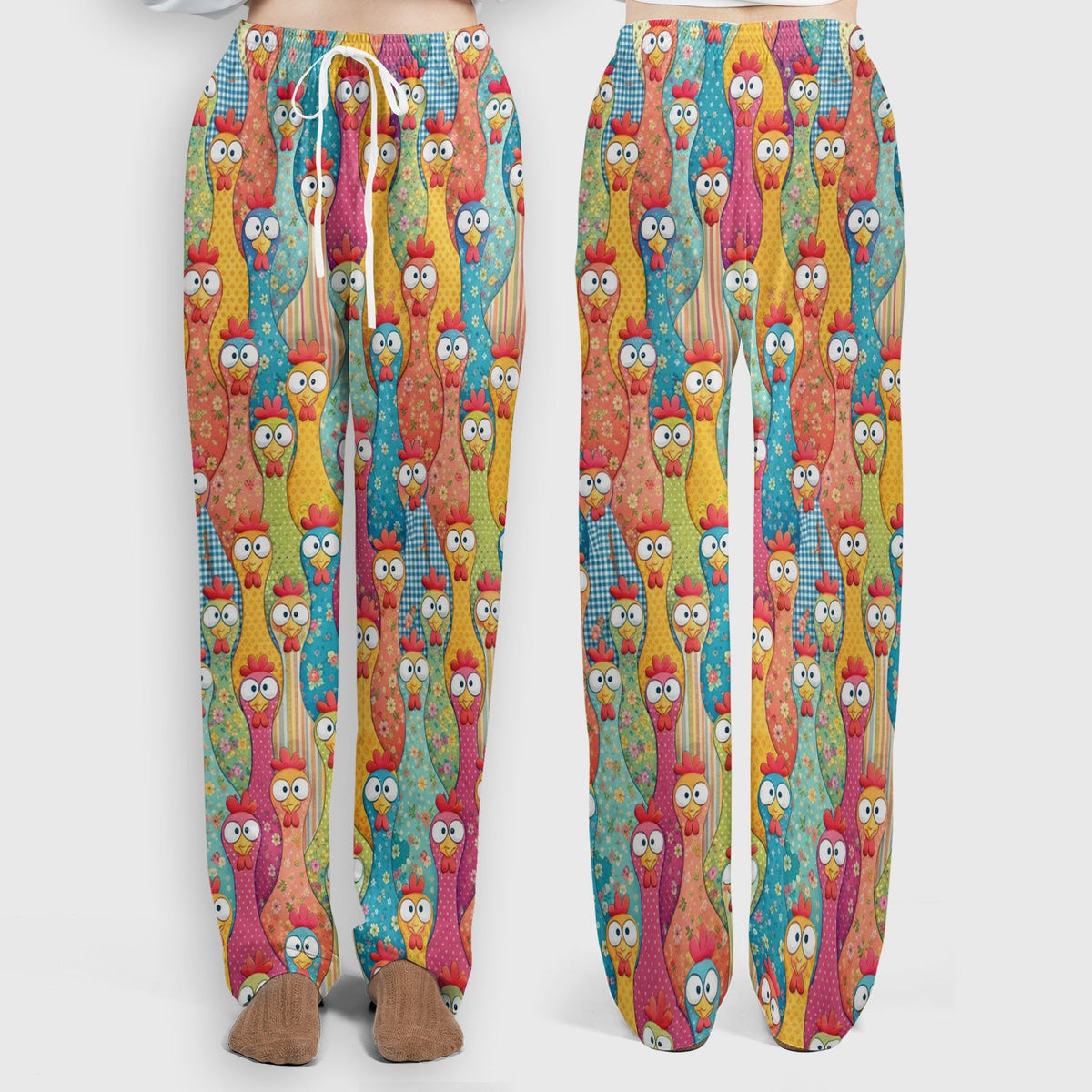 Funny Colorful Chicken Farm Cartoon Pattern Scrub Set, Scrub Pants and V Neck Top