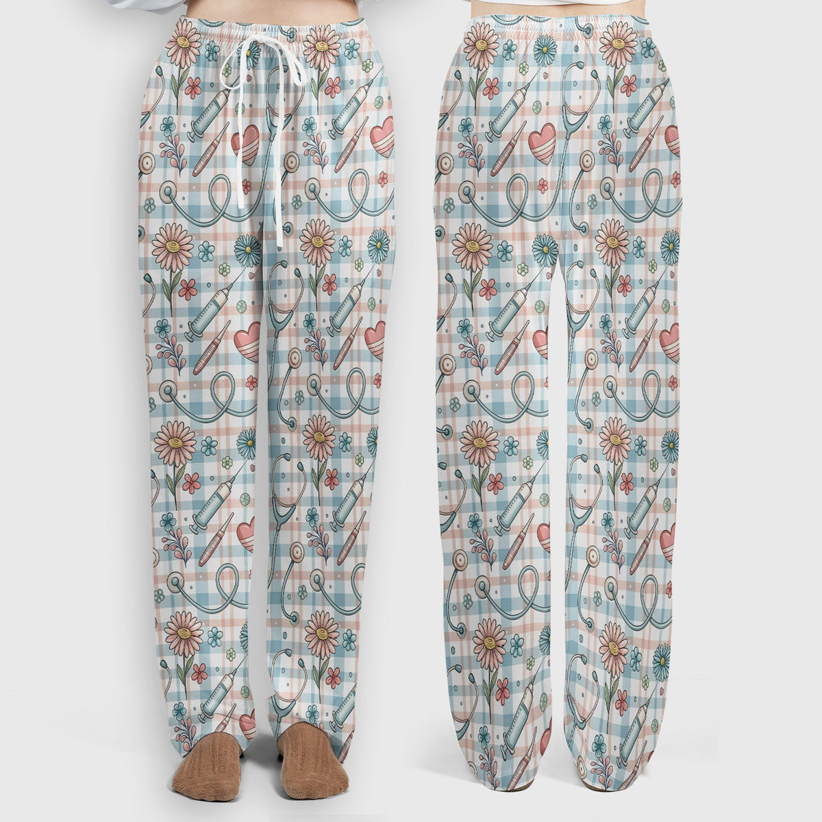 Stethoscope Heart Syringe Floral Plaid Nurse Scrub Set