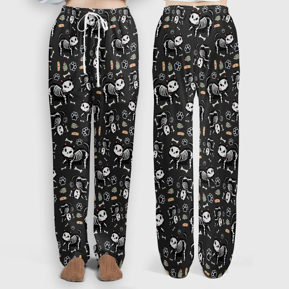 Skeleton Cat Medical Pattern Scrub Set, Scrub Pants and V Neck Top