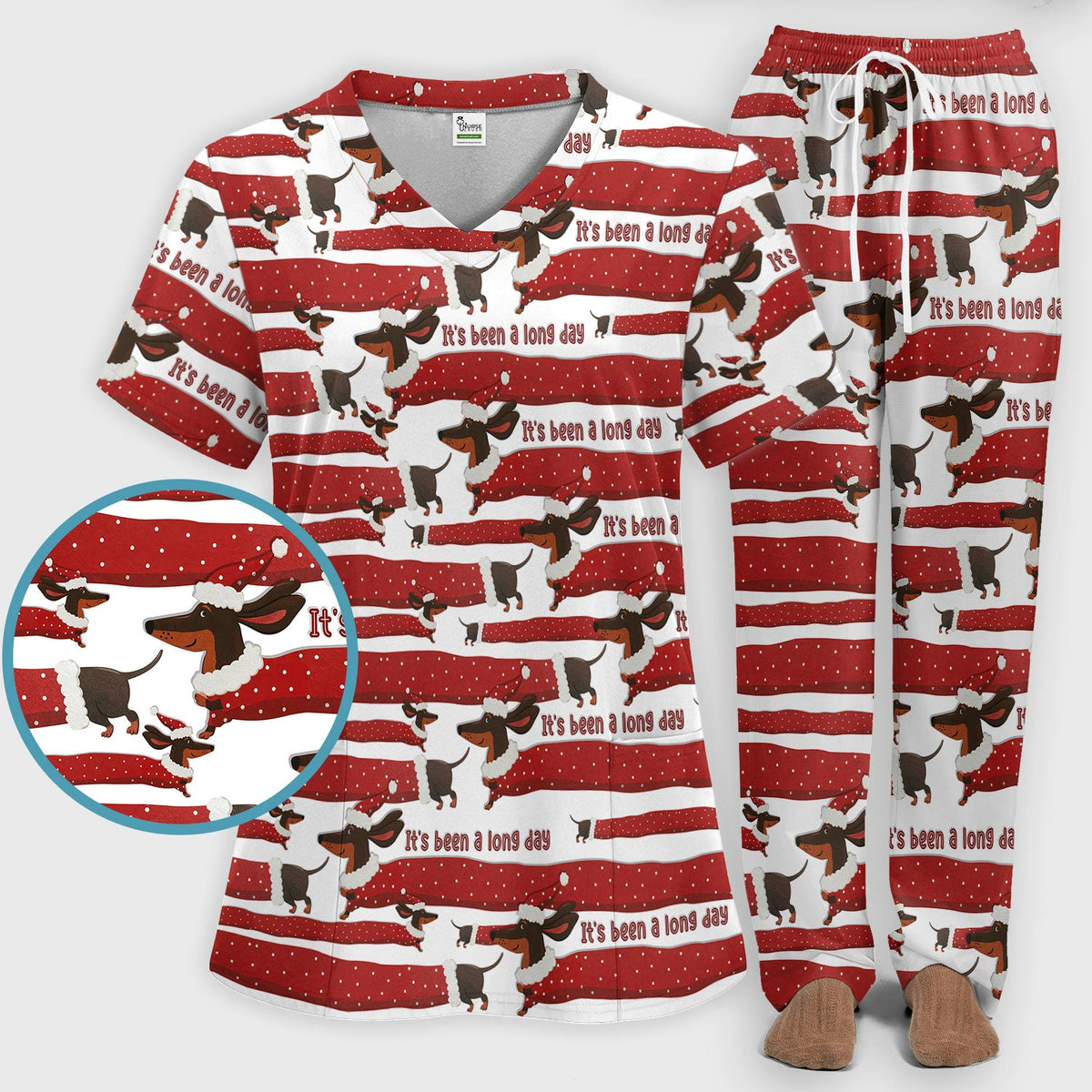 Funny Dachshund Christmas Scrub Set - It's Been a Long Day - Cute Wiener Dog Scrubs Pants and V Neck Top - Medical Uniform for Women