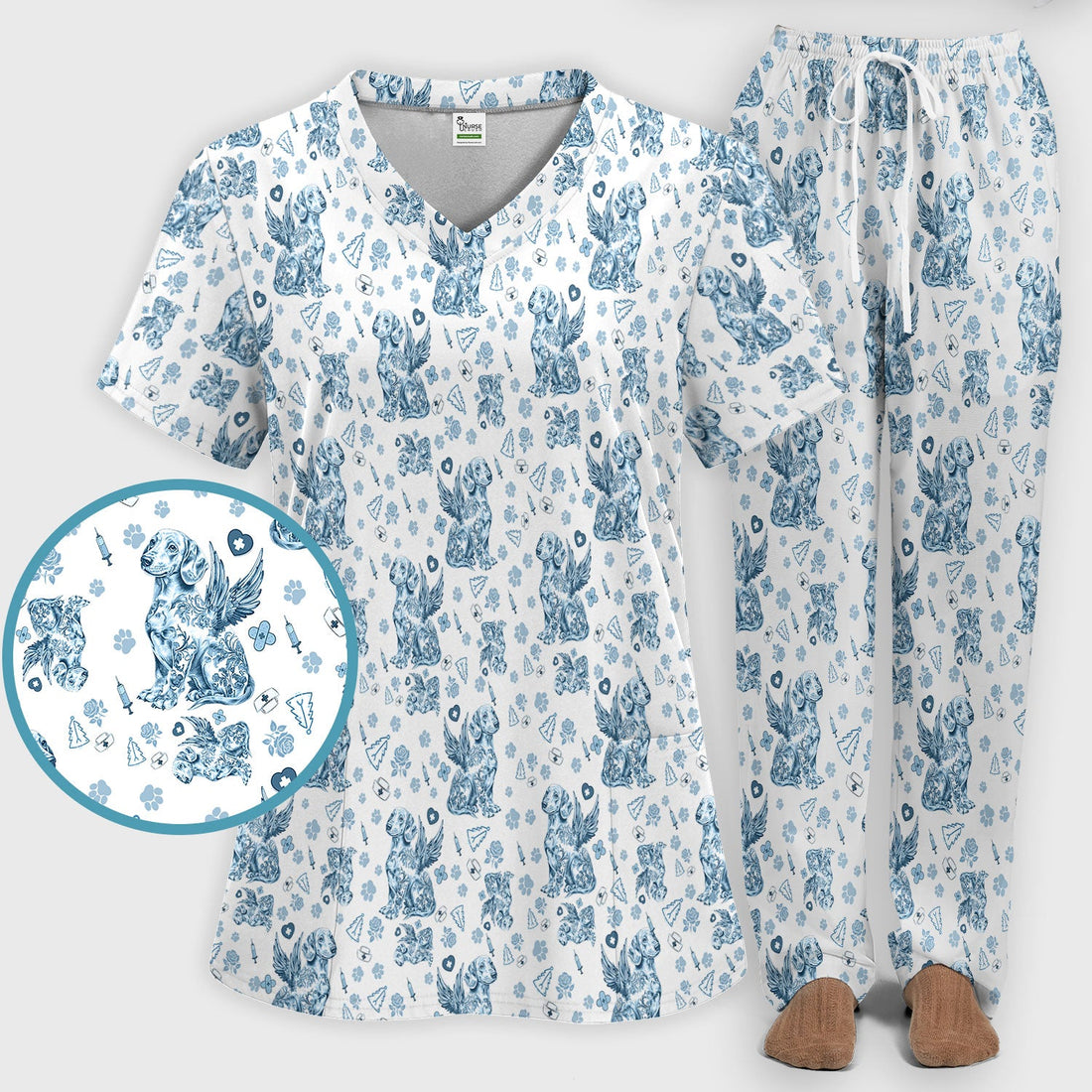 Toile De Jouy Dachshund Angel Nurse Scrub Set