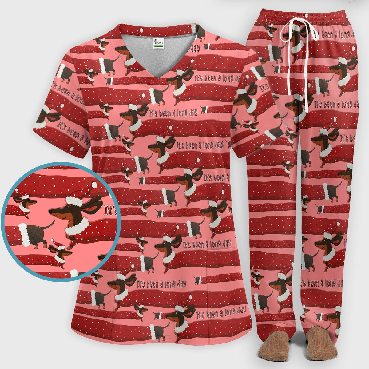 Funny Dachshund Christmas Scrub Set - It's Been a Long Day - Cute Wiener Dog Scrubs Pants and V Neck Top - Medical Uniform for Women